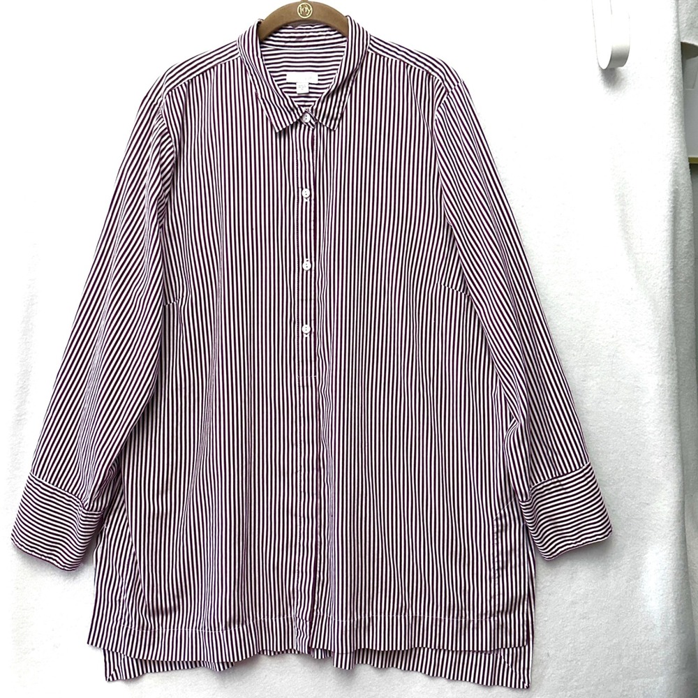 J. Jill Womens XL Burgundy White Striped Cotton Silk Button Down Tunic Top